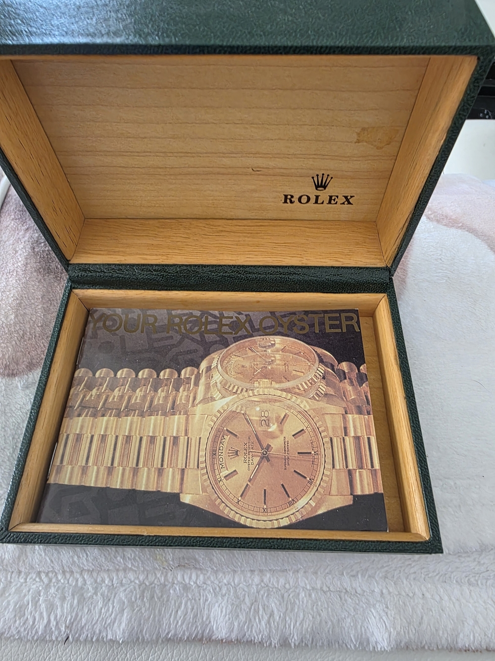 Rolex Green and Wood Branded Watch Presentation Box with Gold Insert